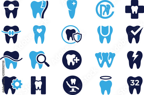Dental icon set showcasing healthy teeth and oral care services in blue tones.