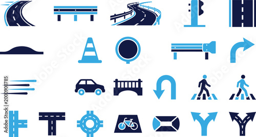 Road and traffic icons in blue and dark blue, illustrating transportation and infrastructure.