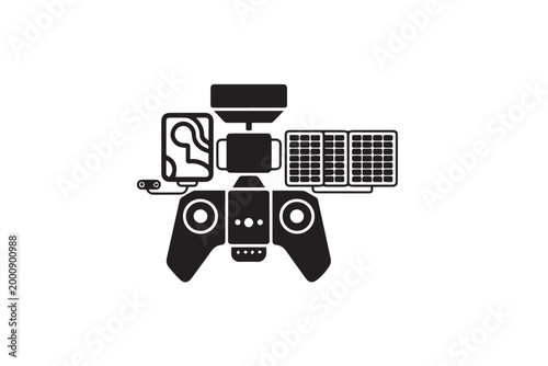 Professional drone controller setup including remote unit with screen and solar panel modules for long range aerial operations and surveying.