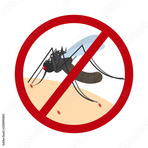 Mosquito on human skin inside bold red prohibition circle, anti mosquito warning illustration for malaria, dengue and insect bite prevention campaigns on white background