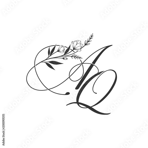 Elegant Calligraphy AQ Monogram with Floral Embellishments.