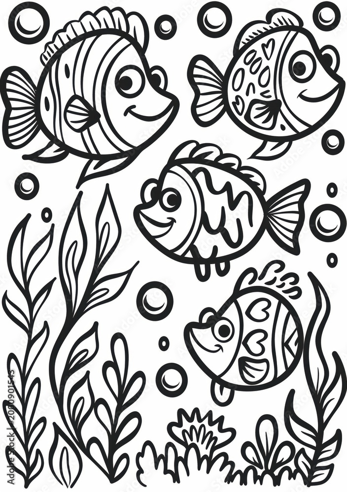 Obraz premium Cartoon fish swimming underwater with plants and bubbles, AI-generated.