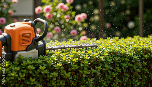 Hedge trimmer cutting green leaves with blooming garden in background  