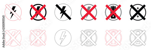 Set of no electricity and no battery signs, no battery icon collection, no lightning symbol ban, blackout icons, power outage and prohibited battery symbols, bright warning vector illustration 