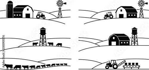 Farm landscape silhouettes with barns tractors cows windmills water towers conveyor belt icon illustration, agricultural artwork design professional representation