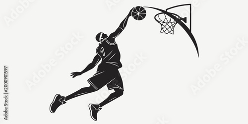 Minimalist black silhouette of a basketball player executing a dunk with basketball silhouette competition athletics training exercise backboard performance athletic