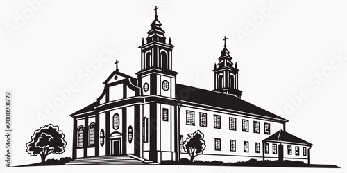 Detailed graphic illustration of a majestic two-tower church building with cathedral building architecture religion christianity silhouette landmark christian historic illustration isolated
