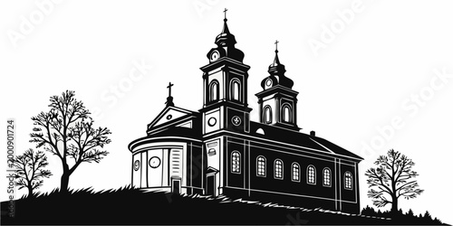 Black and white silhouette of a traditional two-tower church on a hill with bare trees cathedral religion architecture building silhouette christianity landmark christian historic religious