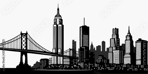 Urban city skyline silhouette featuring large suspension bridge and skyscrapers architecture skyscrapers metropolis silhouette buildings downtown illustration landmark metropolitan structure