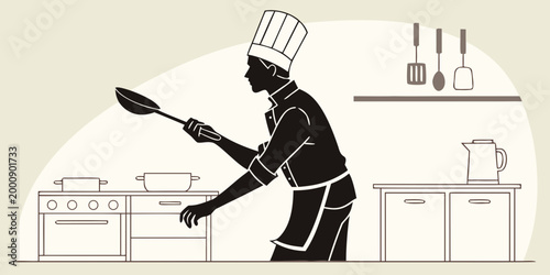 Chef cooking with a pan and spatula in a professional restaurant kitchen chef hat food prep culinary arts chef life culinary expert cooking utensil culinary skill kitchen tools cooking hobby