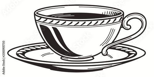Detailed ornamental porcelain teacup and saucer isolated black and white line art graphic with porcelain beverage ornamental illustration monochrome minimalist drinkware tableware isolated