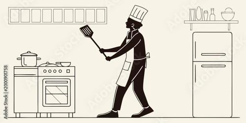 Chef standing in a kitchen using a spatula for cooking with chef hat culinary arts chef life cooking utensil kitchen interior culinary expert restaurant life kitchen equipment chef profession
