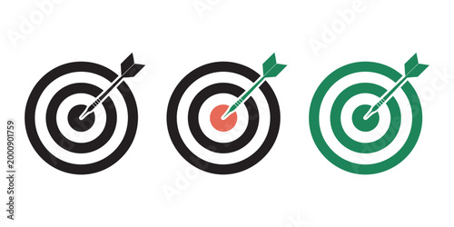 Target arrow center vector, accuracy goal achievement focus business success symbol, modern flat design, isolated on white background