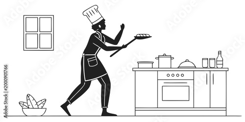 Chef cooking in a commercial kitchen using a pizza peel with chef hat culinary art restaurant kitchen culinary school head chef life baking bread food preparation culinary expert