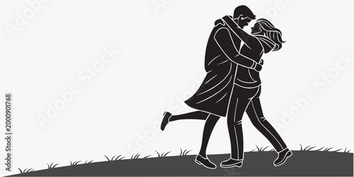 Silhouette graphic of a loving couple embracing each other outdoors on a hill with silhouette romantic affection relationship together happiness partners devotion togetherness emotional