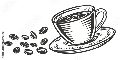 Cup of hot black coffee with coffee beans floating inside graphic sketch illustration beverage caffeine illustration monochrome espresso americano restaurant isolated lifestyle floating