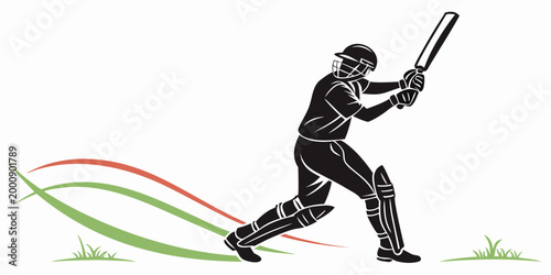 Silhouette of a cricket batsman hitting the ball on an abstract grass field graphic with silhouette cricketer illustration competition training exercise professional tournament equipment