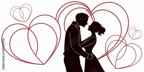Graphic silhouette of a loving couple embracing in front of large overlapping heart shapes with silhouette relationship affection intimacy illustration romantic together devotion togetherness