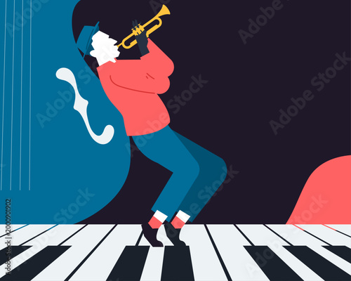 Stylish jazz trumpet player performing on giant piano keys with abstract stage background, dynamic music concert illustration for live performance, festival posters and entertainment branding