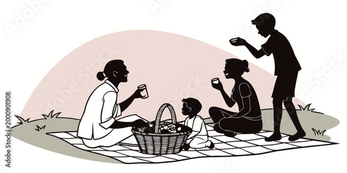 Family picnic silhouette illustration with parents and two children on plaid blanket silhouette children outdoors relaxing childhood together grassland lifestyle daughter gathering