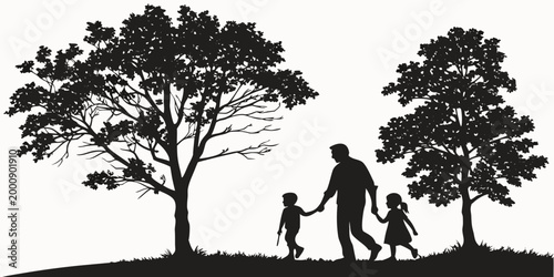 Father holding hands with son and daughter walking under large trees silhouette children silhouette daughter outdoors together parenting landscape lifestyle childhood togetherness vacation