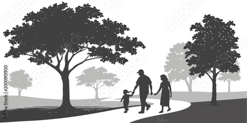 Family walking together on a park path under trees silhouette graphic with silhouette outdoors together lifestyle landscape recreation parenting exercise daughter greenery togetherness