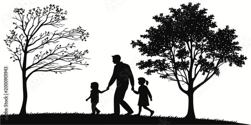 Father holding hands with two children walking in nature park black silhouette graphic illustration children silhouette outdoors together lifestyle childhood recreation daughter togetherness