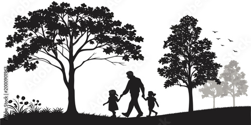Silhouette of a father walking with his two young children in a park children silhouette outdoors parenting togetherness childhood recreation lifestyle caregiver daughters paternal