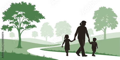 Mother holding hands with her young children walking on a path in the park children silhouette parenting outdoors lifestyle togetherness daughter recreation landscape together caregiver