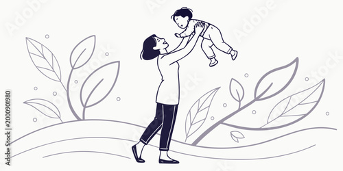 Line art graphic of a mother playing with her infant child parenting affection development togetherness lifestyle minimalist illustration monochrome caregiver happiness maternal attachment