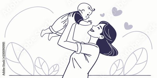 Illustration of a mother lovingly lifting her happy baby high in the air showing connection and care with parenting maternal happiness maternity parenthood childcare affection nurturing