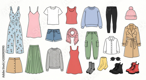 Illustrated collection of women's fashion clothing and accessories, showcasing versatile garments for different seasons and modern style needs