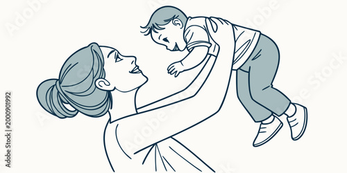 Line art graphic of a mother holding and playing with her infant child showing maternal love parenting maternity nurturing childcare affection connection lifestyle togetherness parenthood