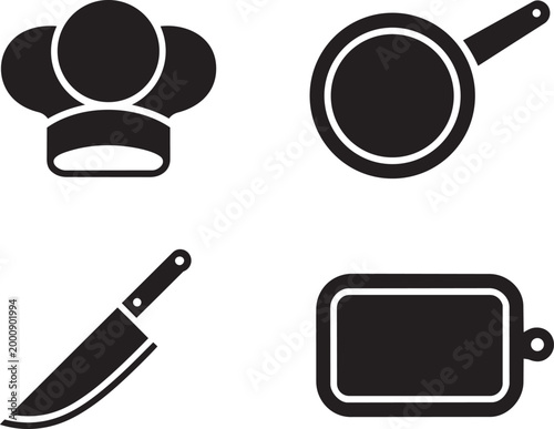 Cooking icons set chef hat frying pan knife cutting board food preparation concept with kitchen