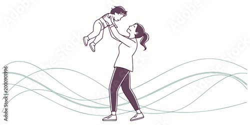 Graphic illustration of a mother lifting her baby in a playful bonding moment with abstract wavy lines parenting maternity affection connection childhood development parenthood illustration