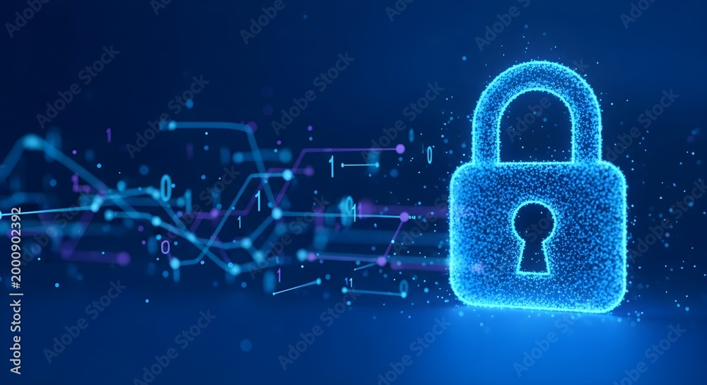 Fototapeta premium Digital padlock symbol representing cybersecurity, data protection, and secure online access, with abstract digital network background