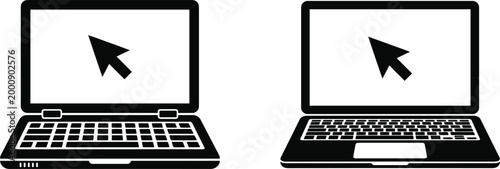 Laptop computer silhouettes with arrow cursor screen comparison touchpad keyboard design illustration, technology artwork concept motif professional graphic representation