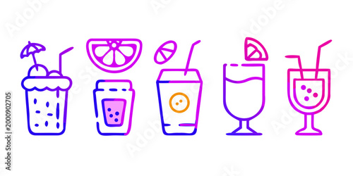 Set of colorful neon cocktail and beverage icons, vector