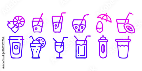 Assorted cocktail and refreshment icon set, vector