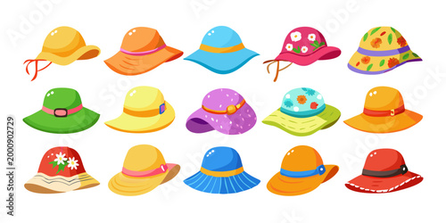 Set of colorful summer sun hats for women, vector