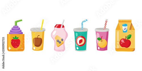 Colorful collection of fruit juice and smoothie cups, vector