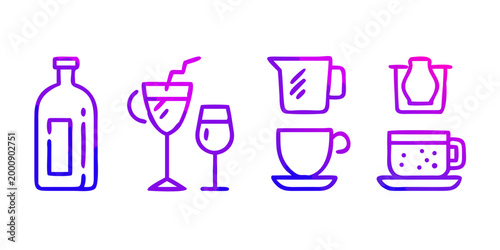Beverage and glassware outline icon set, vector