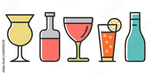 Set of various cocktail glasses and liquor bottles, vector