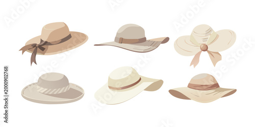 Collection of stylish summer sun hats for women, vector