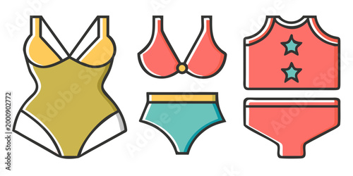 Collection of diverse female swimsuits and bikinis, vector