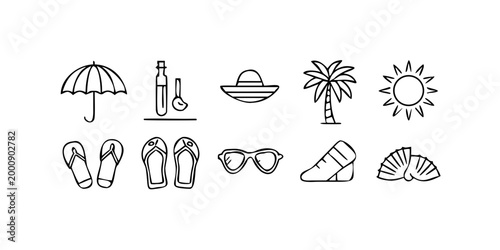 Hand drawn summer beach vacation and holiday icons set, vector