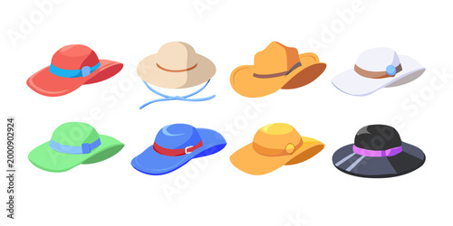 Collection of colorful summer sun hats, vector
