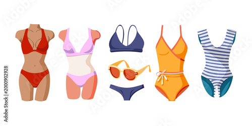 Various colorful women's swimsuits and sunglasses collection, vector