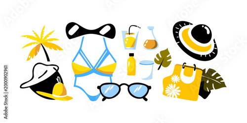 Set of summer beach vacation icons and accessories, vector