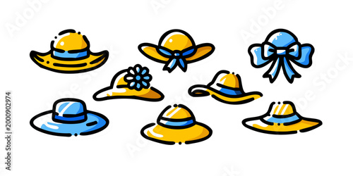 Set of colorful summer sun hats icons, vector